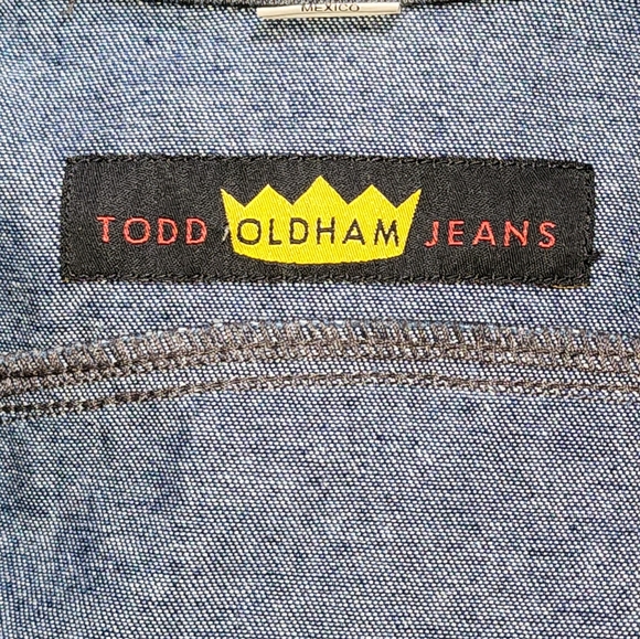 Todd Oldham Jeans Dark Blue Shimmer Button Front Trucker Style Jean Jacket Sz L - Picture 8 of 10